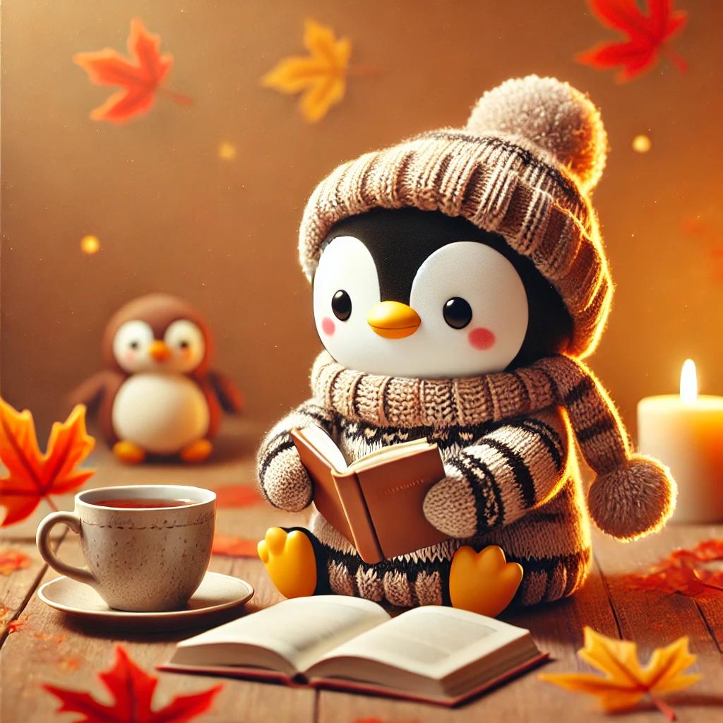 DALL·E 2024-09-05 11.50.29 - A cute penguin character wearing a cozy knit sweater, sitting with a cup of tea and reading a.webp.jpg