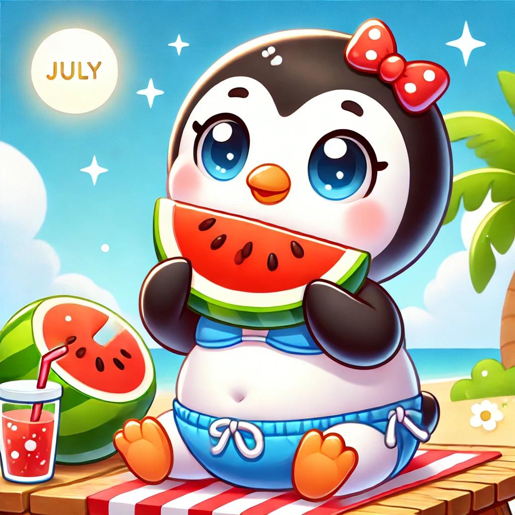 DALL·E 2024-09-05 11.50.10 - A cute penguin character wearing a swimsuit, sitting by a picnic table and eating a large sli.webp.jpg