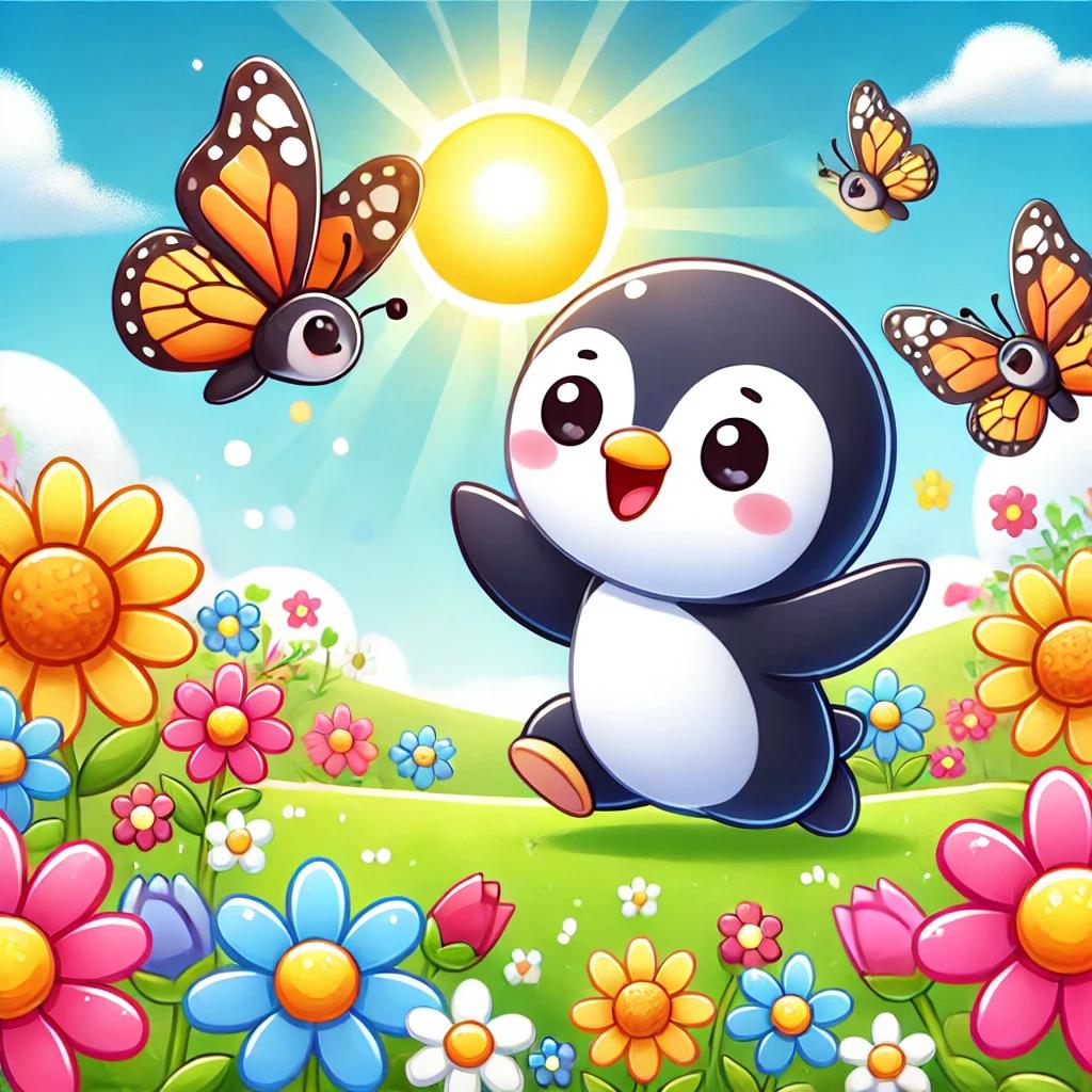 DALL·E 2024-09-05 11.50.04 - A cute penguin character playing in a vibrant flower field, chasing butterflies on a sunny da.webp.jpg