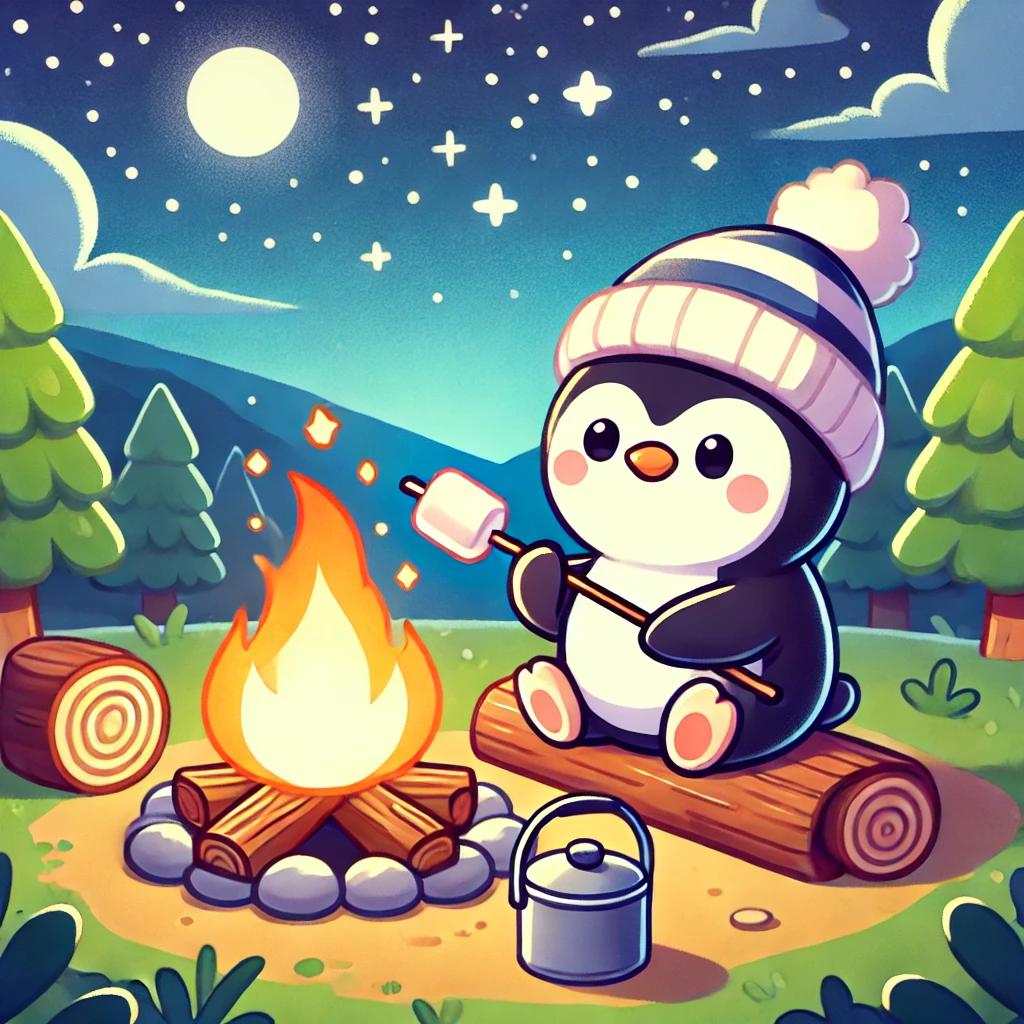 DALL·E 2024-09-05 11.50.15 - A cute penguin character sitting by a campfire at a cozy outdoor camping site during a summer.webp.jpg