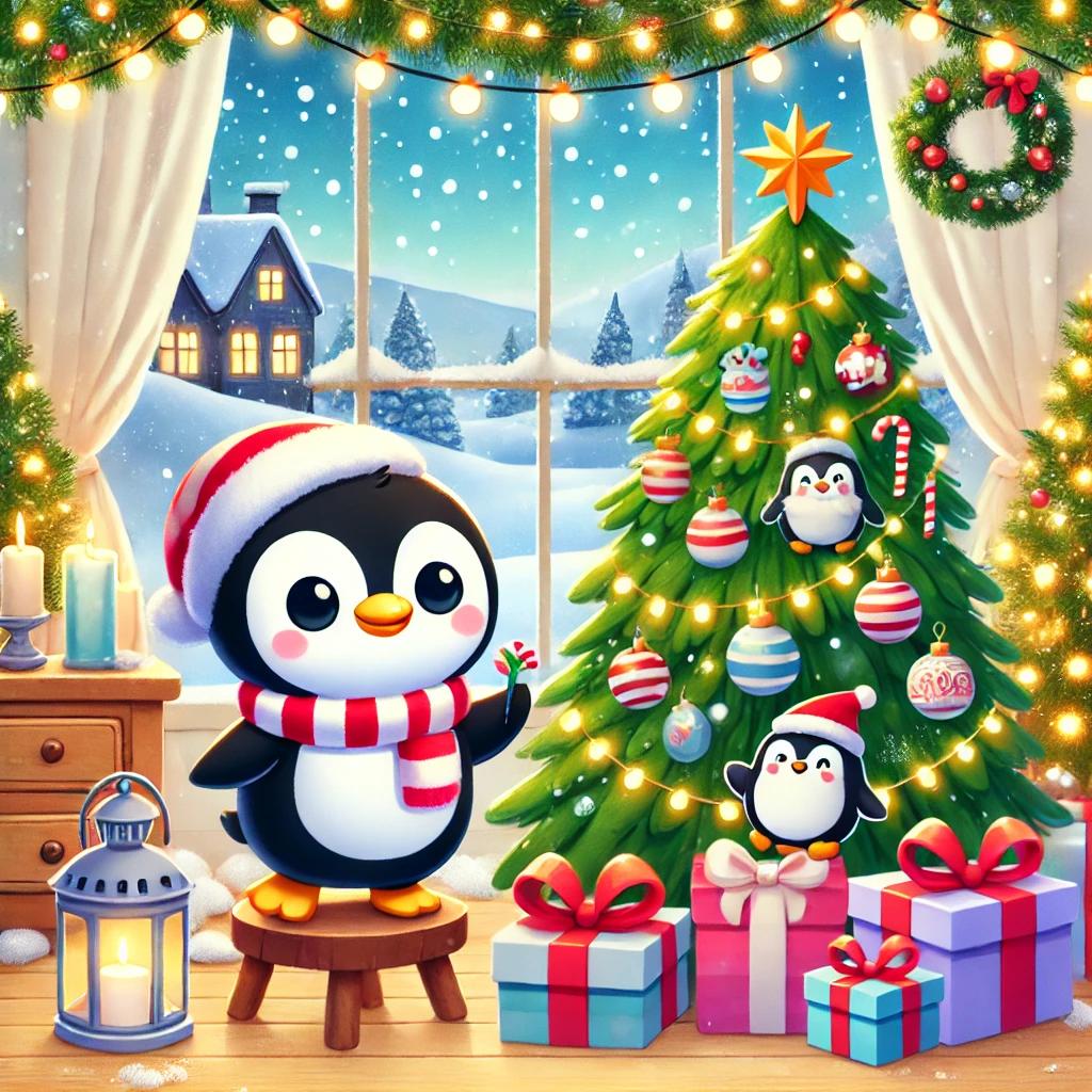 DALL·E 2024-09-05 11.50.35 - A cute penguin character standing by a decorated Christmas tree, preparing gifts for the holi.webp.jpg