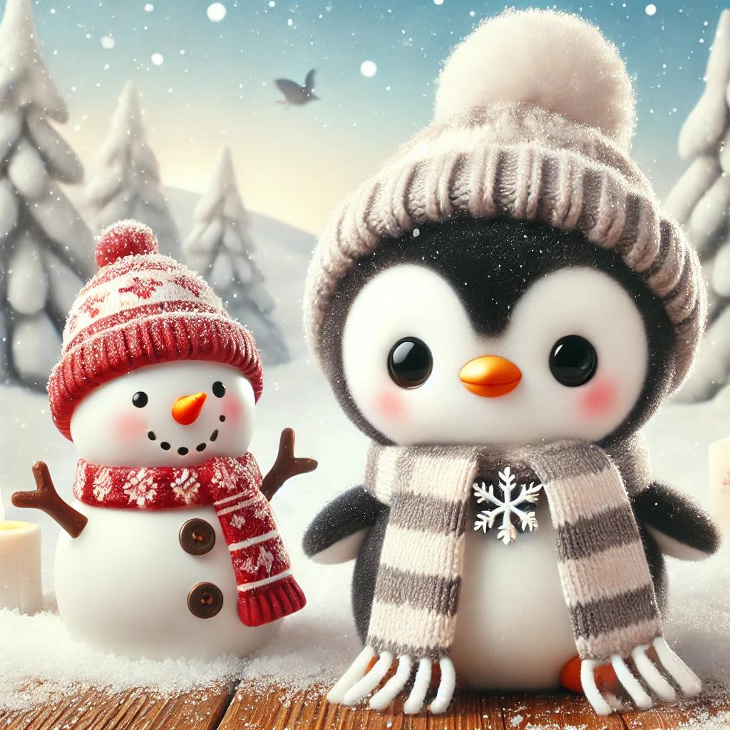 DALL·E 2024-09-05 11.49.44 - A cute penguin character dressed in a scarf and standing next to a snowman in a snow-covered .webp.jpg