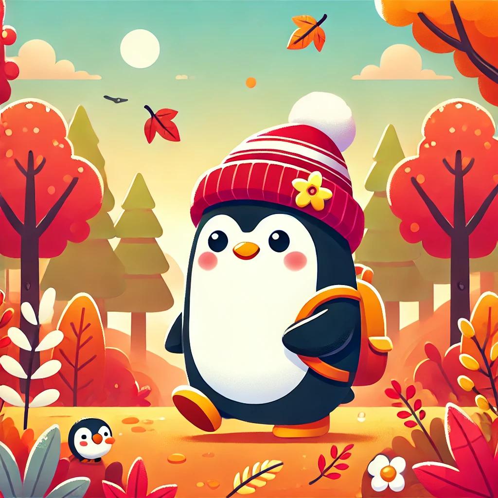 DALL·E 2024-09-05 11.50.20 - A cute penguin character walking through a forest with red and orange autumn leaves falling a.webp.jpg