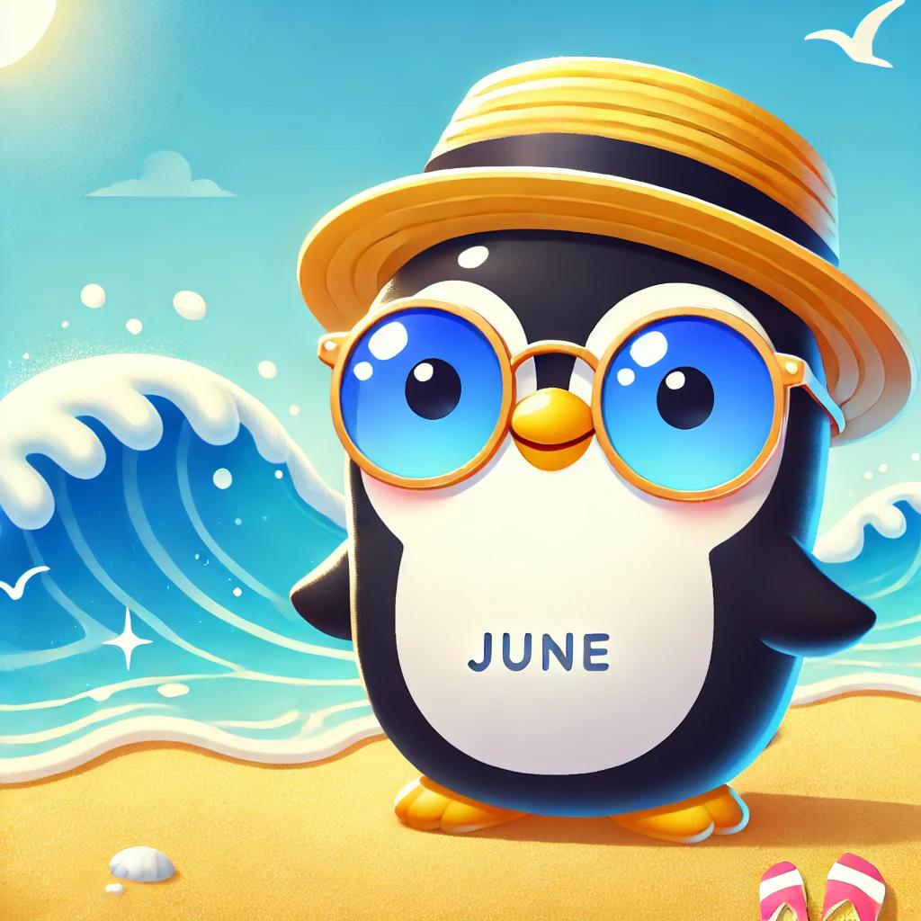 DALL·E 2024-09-05 11.50.07 - A cute penguin character wearing sunglasses, standing on a sunny beach with waves gently cras.webp.jpg