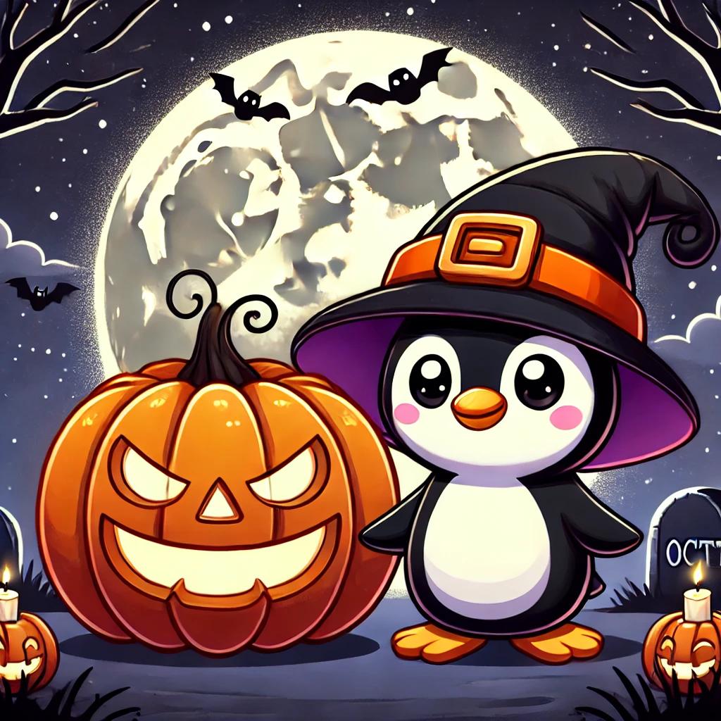 DALL·E 2024-09-05 11.50.23 - A cute penguin character dressed in a witch hat, standing next to a carved pumpkin, celebrati.webp.jpg