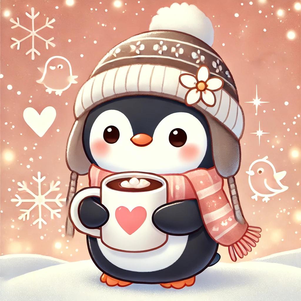 DALL·E 2024-09-05 11.49.50 - A cute penguin character wearing a warm hat, holding a cup of hot chocolate in a romantic win.webp.jpg